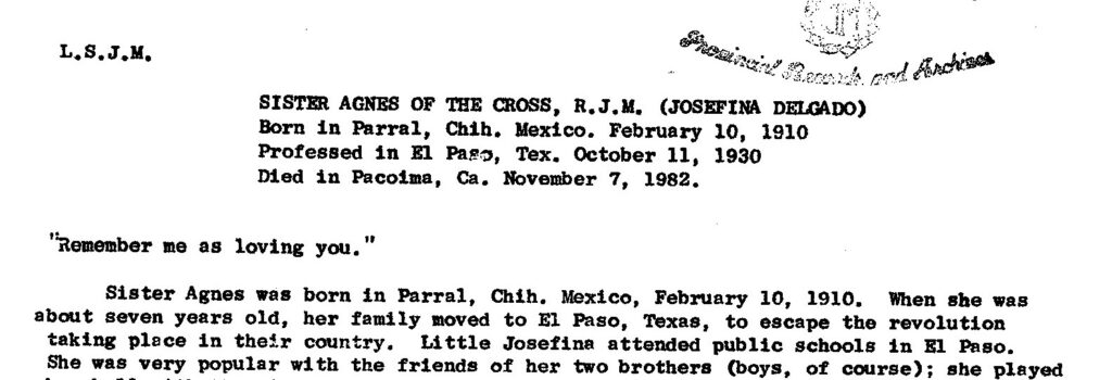 Miniatura de la necrología oficial (PDF) de Sor Agnes Delgado, RJM.